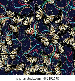 Abstract butterflies seamless pattern. Modern blue background wallpaper illustration with gold 3d butterflies and colorful swirl line art tracery ornaments. Vector luxury texture for fabric, textile