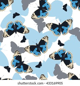 Abstract butterflies seamless pattern on white background. Blue butterflies, Vector illustration
