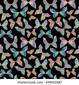 Abstract butterflies seamless pattern. Pattern with various colorful butterflies on white background. Vector illustration.
