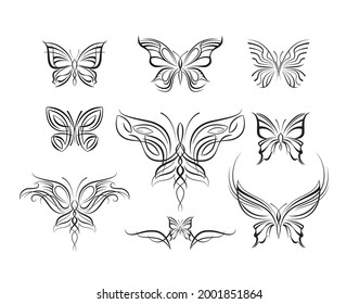 Abstract butterflies, symmetrical tattoos in the elf fantasy style. Suitable for shoulders, neck, waist and other symmetrical parts of the body
