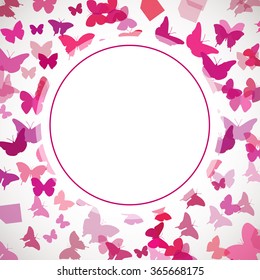 Abstract Butterfly Background. Vector illustration of pink butterflies. Circle place for text on butterflies background