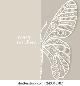 Abstract butterfly background, wedding invitation or greeting card design with lace pattern, beautiful luxury postcard, ornate page cover, ornamental vector illustration