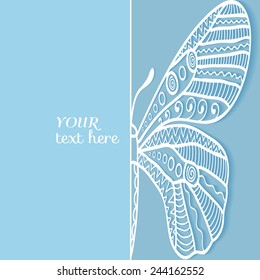 Abstract butterfly background, wedding invitation or greeting card design with lace pattern, beautiful luxury postcard, ornate page cover, ornamental vector illustration