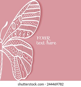 Abstract butterfly background, wedding invitation or greeting card design with lace pattern, beautiful luxury postcard, ornate page cover, ornamental vector illustration