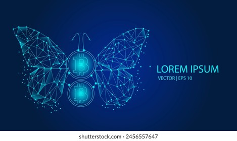 Abstract butterfly and bitcoin on a light background. Futuristic technology, cryptocurrency, digital money, cryptography, blockchain trading, BTC, mining, and steaking concepts. Vector illustration