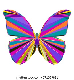 Abstract butterfly. Bright motley colored polygonal triangle geometric illustration isolated on white background for use in design for card, invitation, poster, banner, book, placard, billboard cover