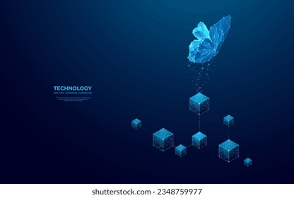 An abstract butterfly flies over linked digital blocks. Metaverse concept. NFT and blockchain technology. Futuristic low poly wireframe vector illustration with 3D isometric effect. Blue background.