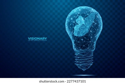 Abstract butterfly fluttering inside a digital light bulb. Visionary concept in blue polygons and lines. Technology start up or new idea background. 3D low poly wireframe vector illustration.