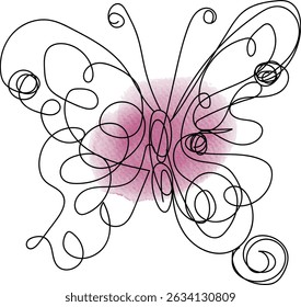 Abstract butterfly illustration with continuous line art and a pink watercolor splash on a white background.