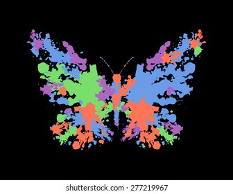 Abstract butterfly illustration made up of colour paint splashes isolated on black background.
