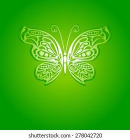 Abstract butterfly with lacy wings on green background. Vector illustration.