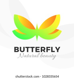 Abstract butterfly logo template. Vector illustration for biological cosmetics and natural products, spa or beauty salons. Eco green and sunny yellow colors, wings as a leaves, isolated on white.