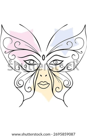 Abstract Butterfly Mask with Human Face Elements Pastel Accents eyes single line