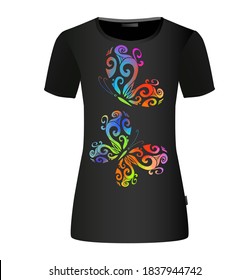 The abstract butterfly is multicolored. T-shirt print. Mixed media. Vector illustration