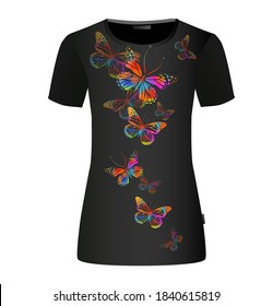 The abstract butterfly is multicolored. T-shirt print. Mixed media. Vector illustration