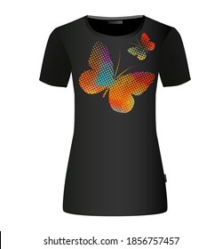 The abstract butterfly is multicolored. T-shirt print. Mixed media. Vector illustration