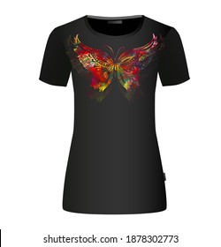 The abstract butterfly is multicolored. T-shirt print. Mixed media. Vector illustration