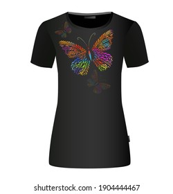 The abstract butterfly is multicolored. T-shirt print. Mixed media. Vector illustration
