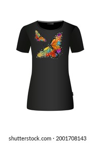 The abstract butterfly is multicolored. T-shirt print. Mixed media. Vector illustration