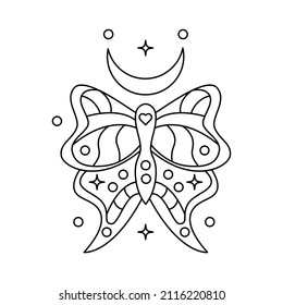 Abstract Butterfly on white background. Magic icon on boho stile wilh moon, stars. Vector illustration