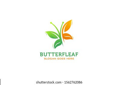 Abstract butterfly shaped. buttterfly leaf logo design template. combination orange and green colors. 
