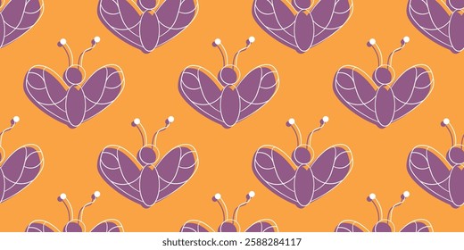 Abstract Butterfly Shapes on Vibrant Orange Background. Colorful banner featuring stylized violet butterflies on a bright orange backdrop. Perfect for design projects, textiles, and backgrounds 