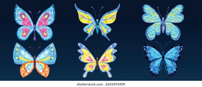 Abstract Butterfly Vector Set, Colorful Polygonal Moths on Dark Background