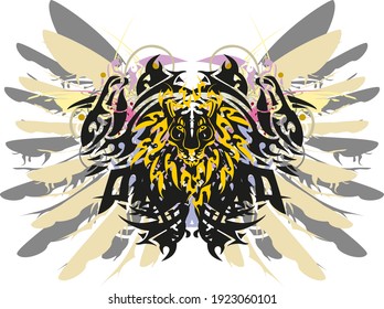 Abstract butterfly wings with feathers and lion head element. Terrible tribal butterfly wings with elements of eagle feathers for tattoos, textiles, wallpaper, prints on T-shirts, etc.