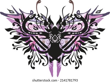Abstract butterfly wings with snake elements on white. Purple-pink butterfly wings with floral motifs and black winding snakes for textiles, prints, emblems on shields, fashion trends, wallpaper, etc.