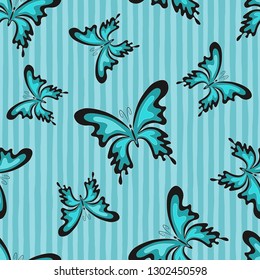 Abstract butterflys on the blue stripes background. Vector Seamless Pattern