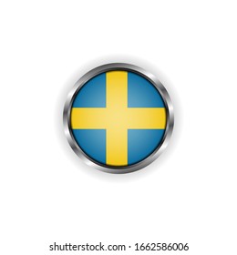 Abstract button with stylish metallic frame. Sweden flag vector illustration