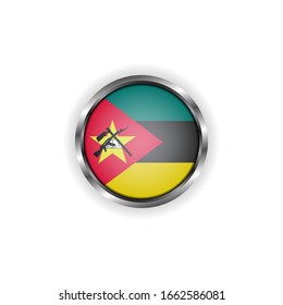 Botón abstracto con marco metálico elegante. Ilustración vectorial de la bandera de Mozambique