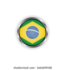 Abstract button with stylish metallic frame. Brazil flag vector illustration