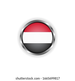 Abstract button with stylish metallic frame. Yemen flag vector illustration