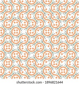 Abstract buttons, scissors, thread vector seamless pattern background. Truchet generative art style backdrop with sewing icons. Dense pastel pink, blue design. Swirling shapes texture. All over print.
