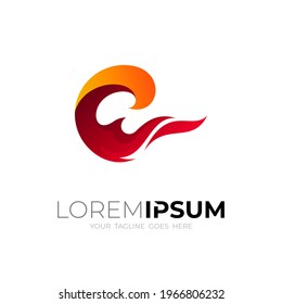 Resumen del logotipo C y combinación de diseño de llama, color rojo