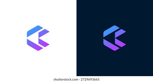 Abstract C shape logo formed by interconnected spheres on white and dark backgrounds