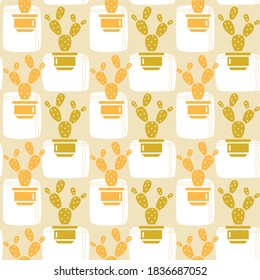 Abstract cacti and squares in orange and brown, seamless vector pattern.