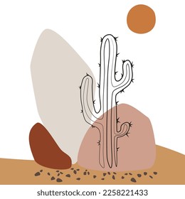 Abstract Cactus in the desert print. 
Landscape drawing in pastel, terracotta colors. Desert sunrise, sunset. Boho wall art. Mid century modern minimalist poster for bohemian interior.