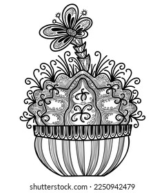Abstract Cactus floral decoration vector illustration isolated on white. Hand drawn white black succulent with flloral line style design for print or coloring book.