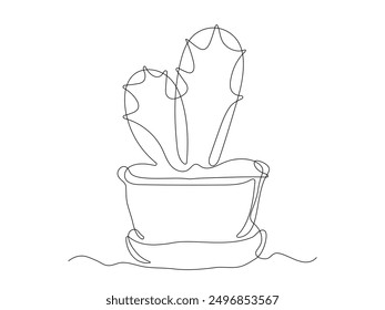 abstract cactus flower in a pot, continuous single line art drawing sketch, logo  