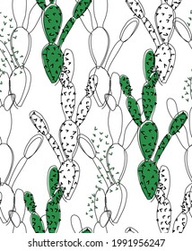 Abstract cactus garden in continuous line drawing and coloring. Seamless pattern.