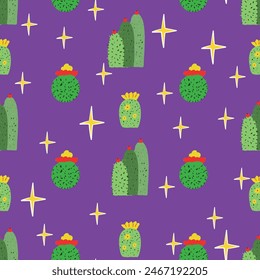 Abstract cactus on purple background, vector pattern design