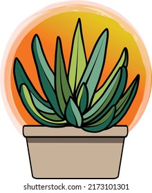 Resumen de la planta de cactus en la olla con fondo de jardín de naranja circular.