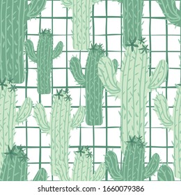 Patrón transparente de cactus abstracto. Papel pintado de cactus de color verde. Fondo geométrico botánico exótico. Diseño de tejidos, tejidos textiles, papel de envolver, productos textiles de cocina. Ilustración vectorial creativa