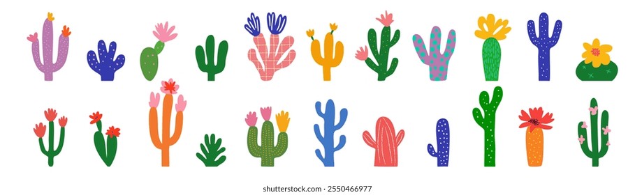 Conjunto de ilustración de cactus Abstractas y suculentas. Estilo moderno de papercut botánico con divertidos patrones de cactus y colores vibrantes, inspirado en el dibujo infantil y el arte nativo