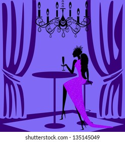 in abstract cafe is lady in purple dress with glass