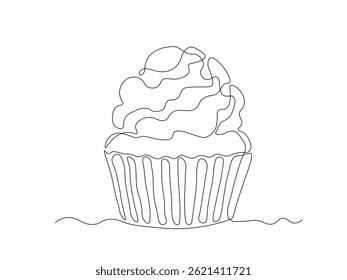 Bolo abstrato com creme, muffin, cupcake. desenho de mão de arte de linha única contínua