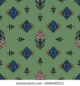 Resumen, calaidoscopio moldeó plantas de damasco boho sin complicaciones en el patrón de repetición. Flores vectoriales con hojas por toda la superficie impresas sobre fondo verde matcha.