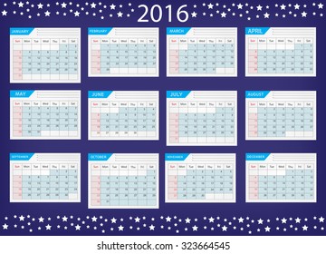Abstract calendar for 2016.Planning calendar 2016.Week starts from Sunday.Vector template.